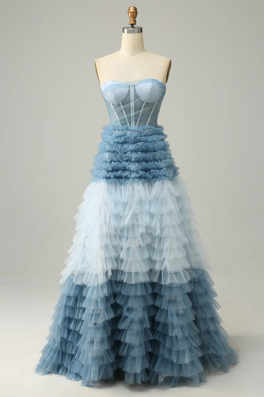 A-line Sweet Grey Blue Lotus Edge Long Ball Dress