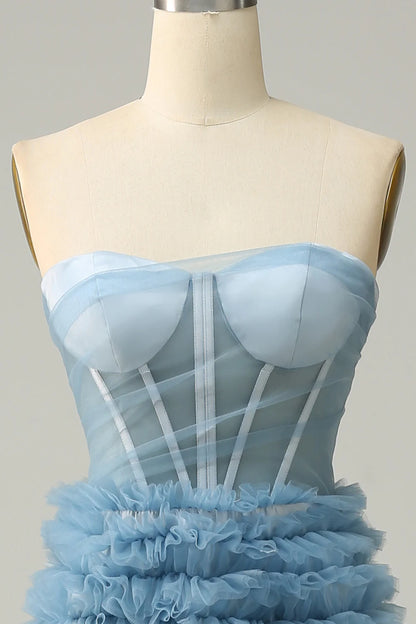 A-line Sweet Grey Blue Lotus Edge Long Ball Dress