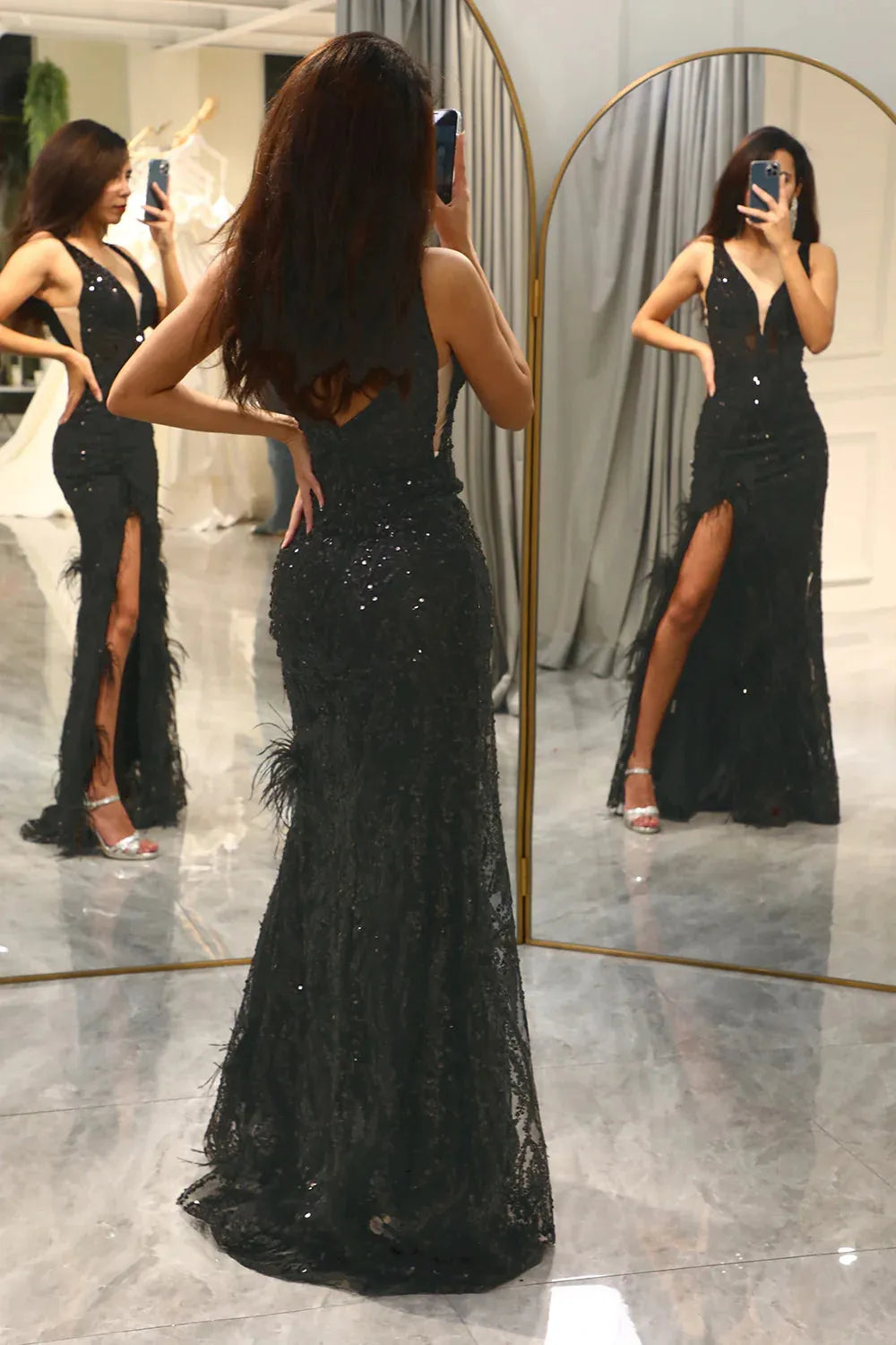 Sparkling black mermaid V-neck long feather split ball dress