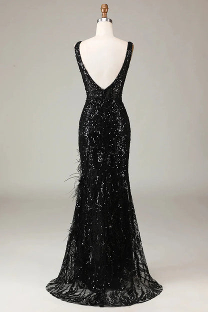 Sparkling black mermaid V-neck long feather split ball dress
