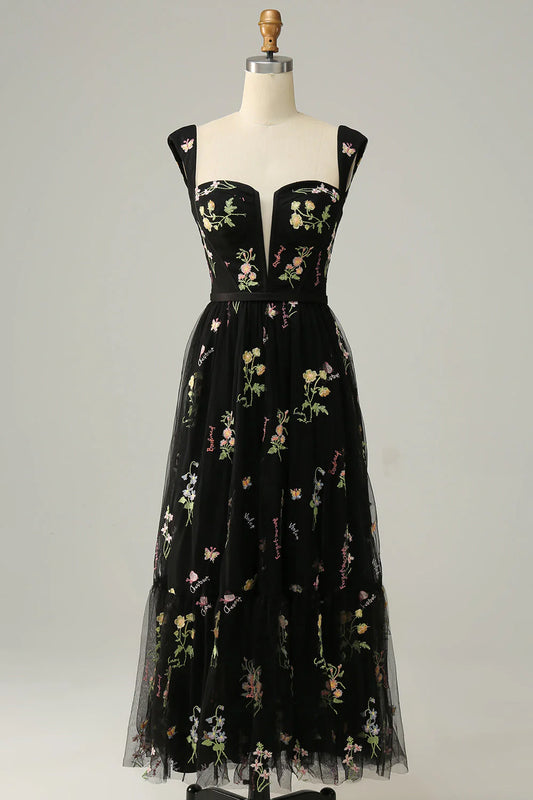 Sweet black embroidered long ball dress