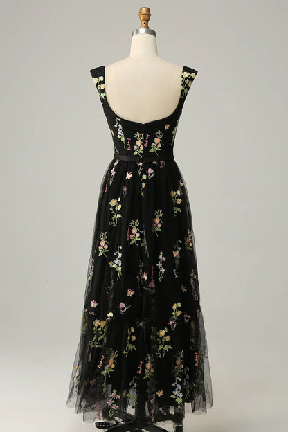 Sweet black embroidered long ball dress