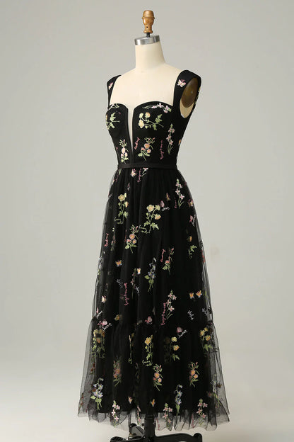 Sweet black embroidered long ball dress