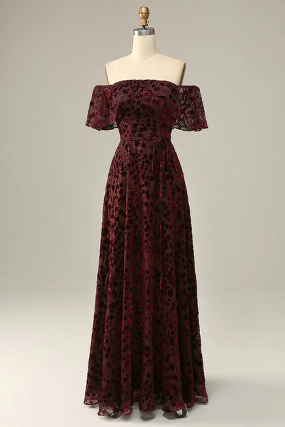 Burgundy Flower Sexy Elegant Off Shoulder Cocktail Ball Evening Dress