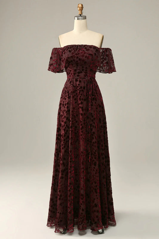 Burgundy Flower Sexy Elegant Off Shoulder Cocktail Ball Evening Dress