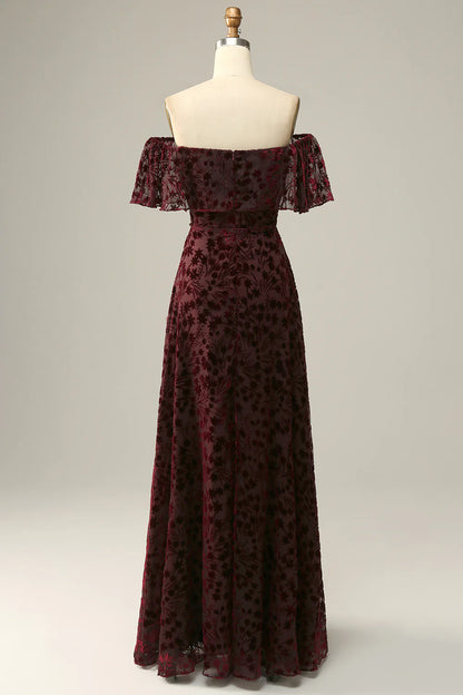 Burgundy Flower Sexy Elegant Off Shoulder Cocktail Ball Evening Dress