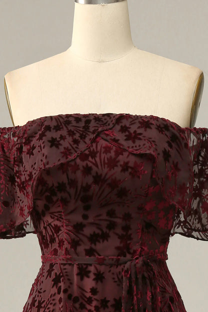 Burgundy Flower Sexy Elegant Off Shoulder Cocktail Ball Evening Dress