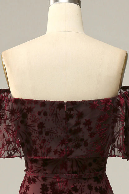 Burgundy Flower Sexy Elegant Off Shoulder Cocktail Ball Evening Dress