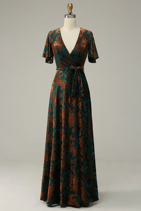Burnout Velvet Dark Green Formal Bride Mom Dress