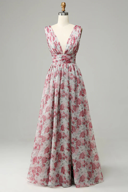 Grey and pink sweet floral long slim fitting bridesmaid dress