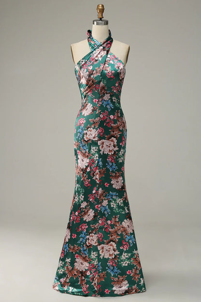 Elegant floral printed Halter satin ball dress