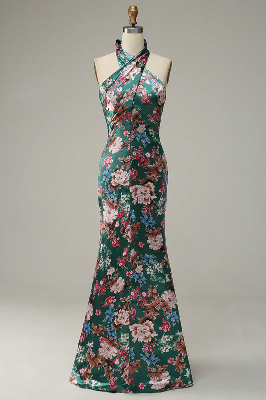 Elegant floral printed Halter satin ball dress
