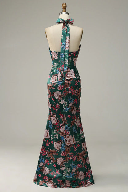 Elegant floral printed Halter satin ball dress