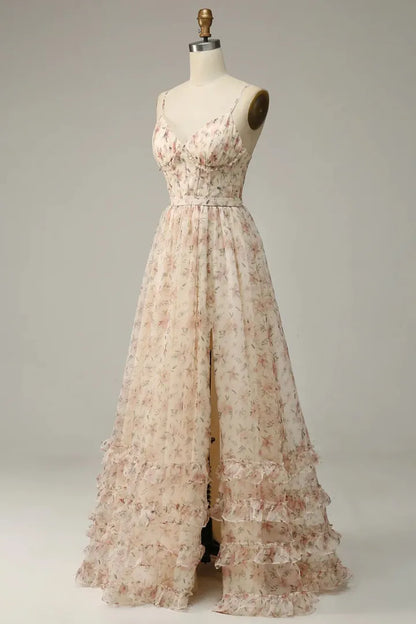 A-line Sweet Italian Noodle Strap Floor Sweeping Print Split Ball Dress