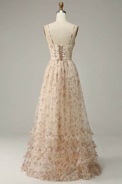 Apricot Flower Elegant A-line Printed Split Ball Dress