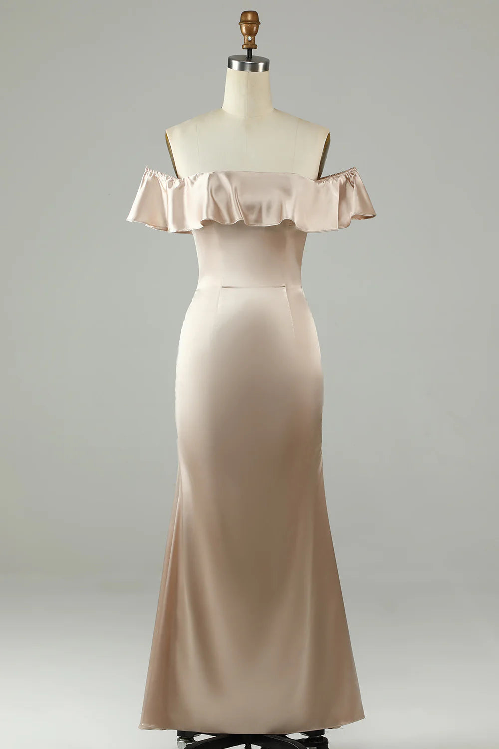 Ankle length sexy off the shoulder champagne ruffled long bridesmaid dress