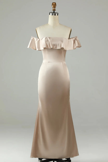 Ankle length sexy off the shoulder champagne ruffled long bridesmaid dress
