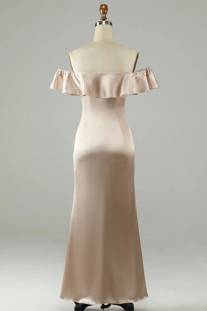 Ankle length sexy off the shoulder champagne ruffled long bridesmaid dress