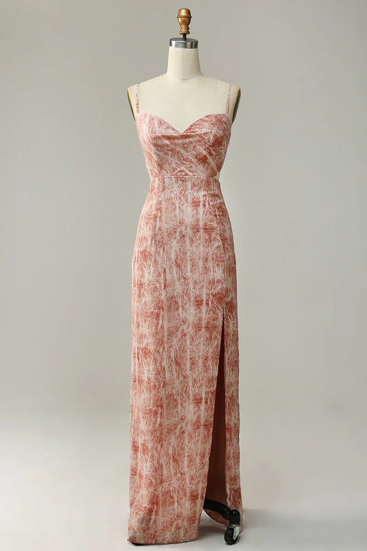 Slim and sweet spaghetti straps powder blusher long front slit bridesmaid dress