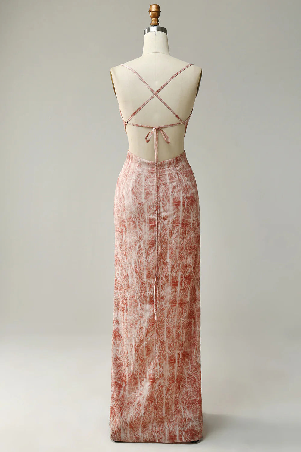 Slim and sweet spaghetti straps powder blusher long front slit bridesmaid dress