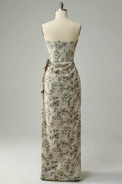 Tan Sweet Sweetheart Grey Print Belt Fitted Bridesmaid Dress