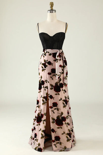 Beautiful Flower Italian Noodle Strap Split Ball Dress