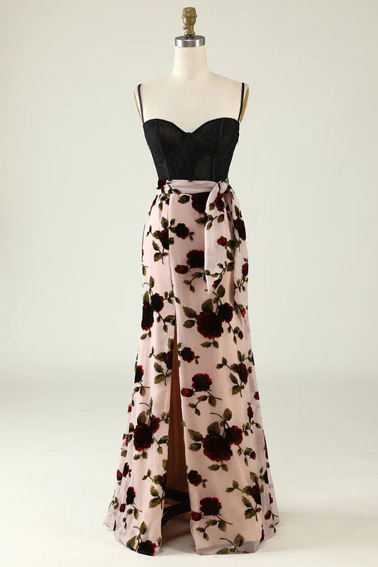 Beautiful Flower Italian Noodle Strap Split Ball Dress