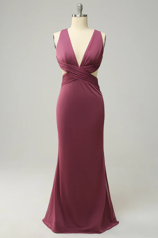 Sexy Deep V-neck Desert Rose Long Plus Size Split Slim Fit Dress