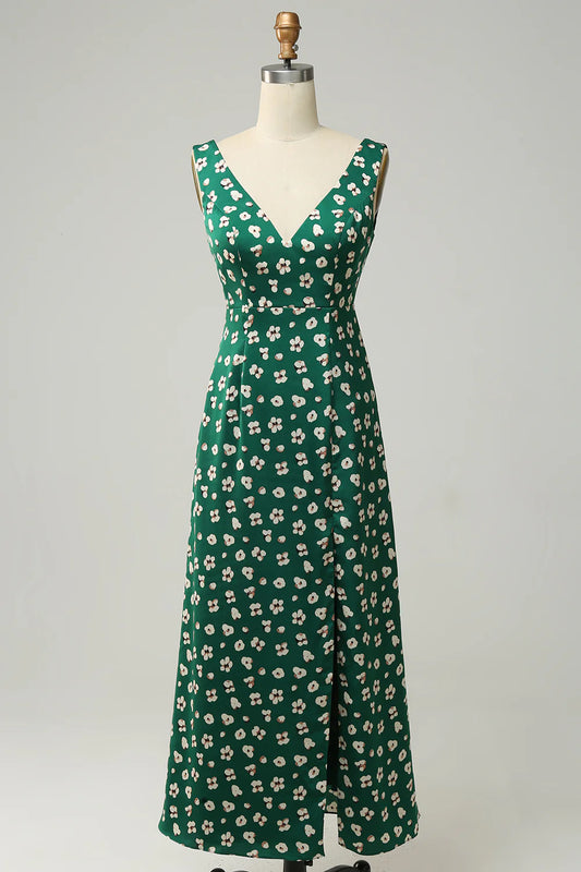 Slim fit sexy sweet V-neck green split dress