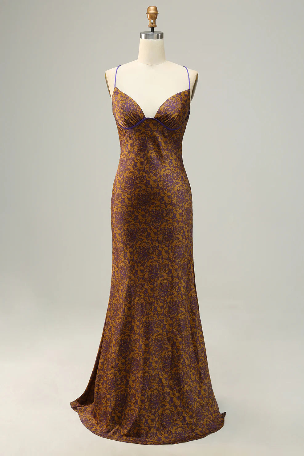 Sweet floral print brown long slim fitting bridesmaid dress