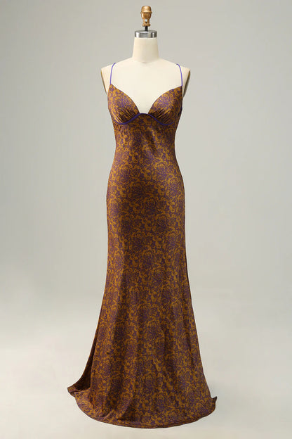 Sweet floral print brown long slim fitting bridesmaid dress