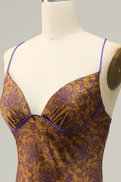 Sweet floral print brown long slim fitting bridesmaid dress