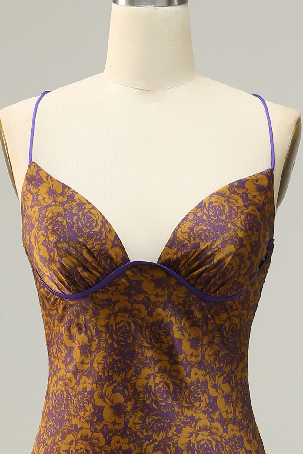 Sweet floral print brown long slim fitting bridesmaid dress