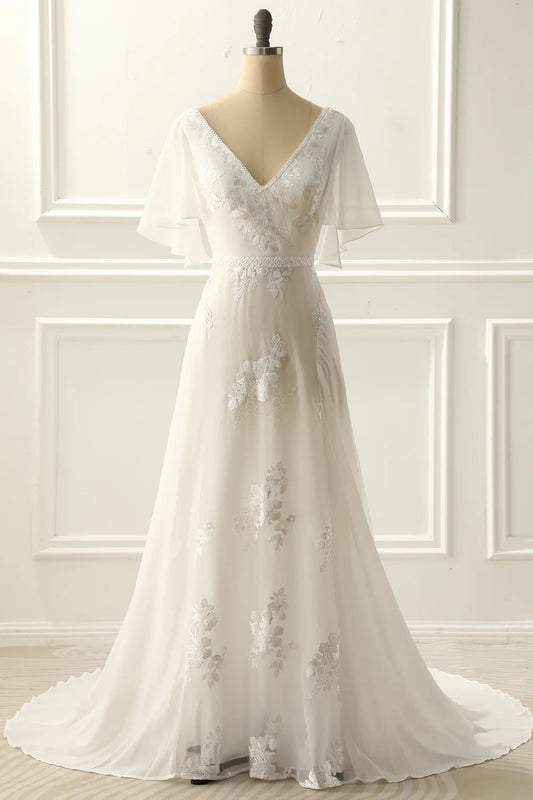 Elegant ivory V-neck A-line splicing long slim fitting wedding dress