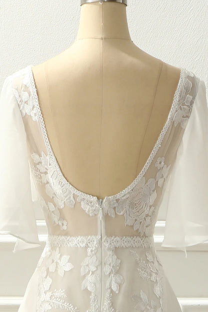 Elegant ivory V-neck A-line splicing long slim fitting wedding dress