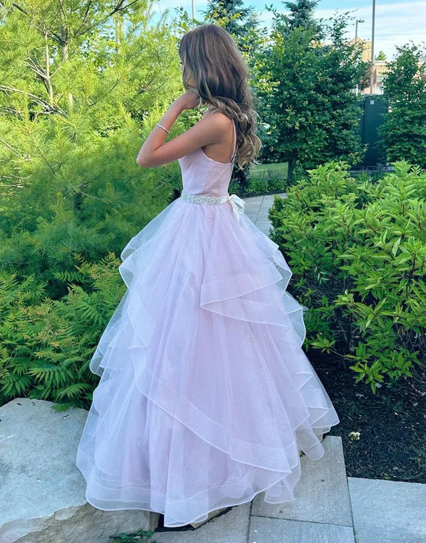 Slim fit A-line V-neck long ruffled edge with belt ball dress