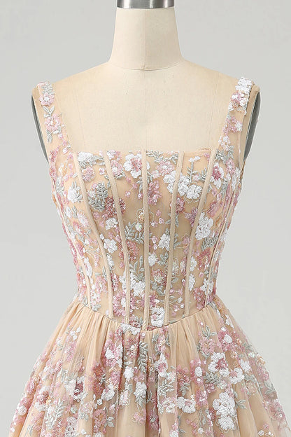 Luxury and elegant A-line square neck champagne tight fitting chest ball dress