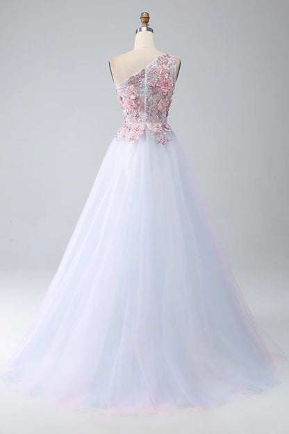 A-line sexy and elegant one shoulder pink ball dress