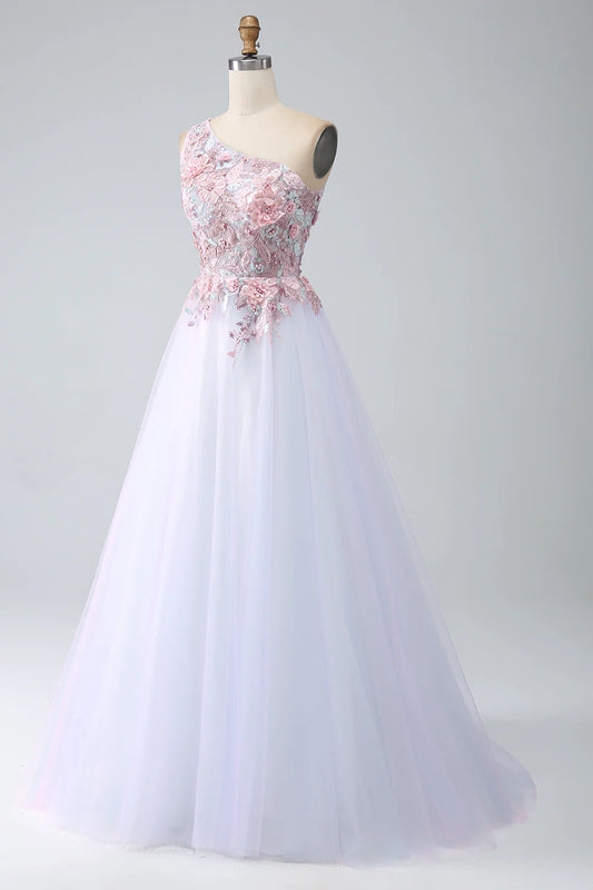A-line sexy and elegant one shoulder pink ball dress
