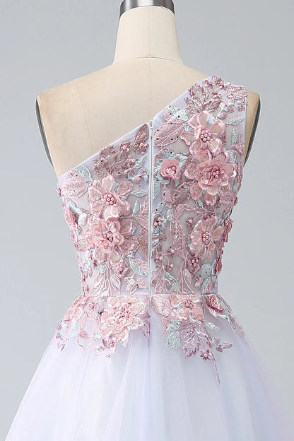 A-line sexy and elegant one shoulder pink ball dress