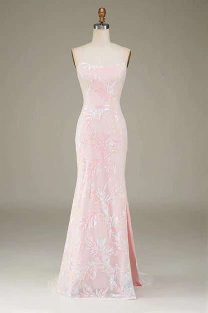Sweet Pink Italian Noodle Lace up Long Mermaid Ball Dress Split
