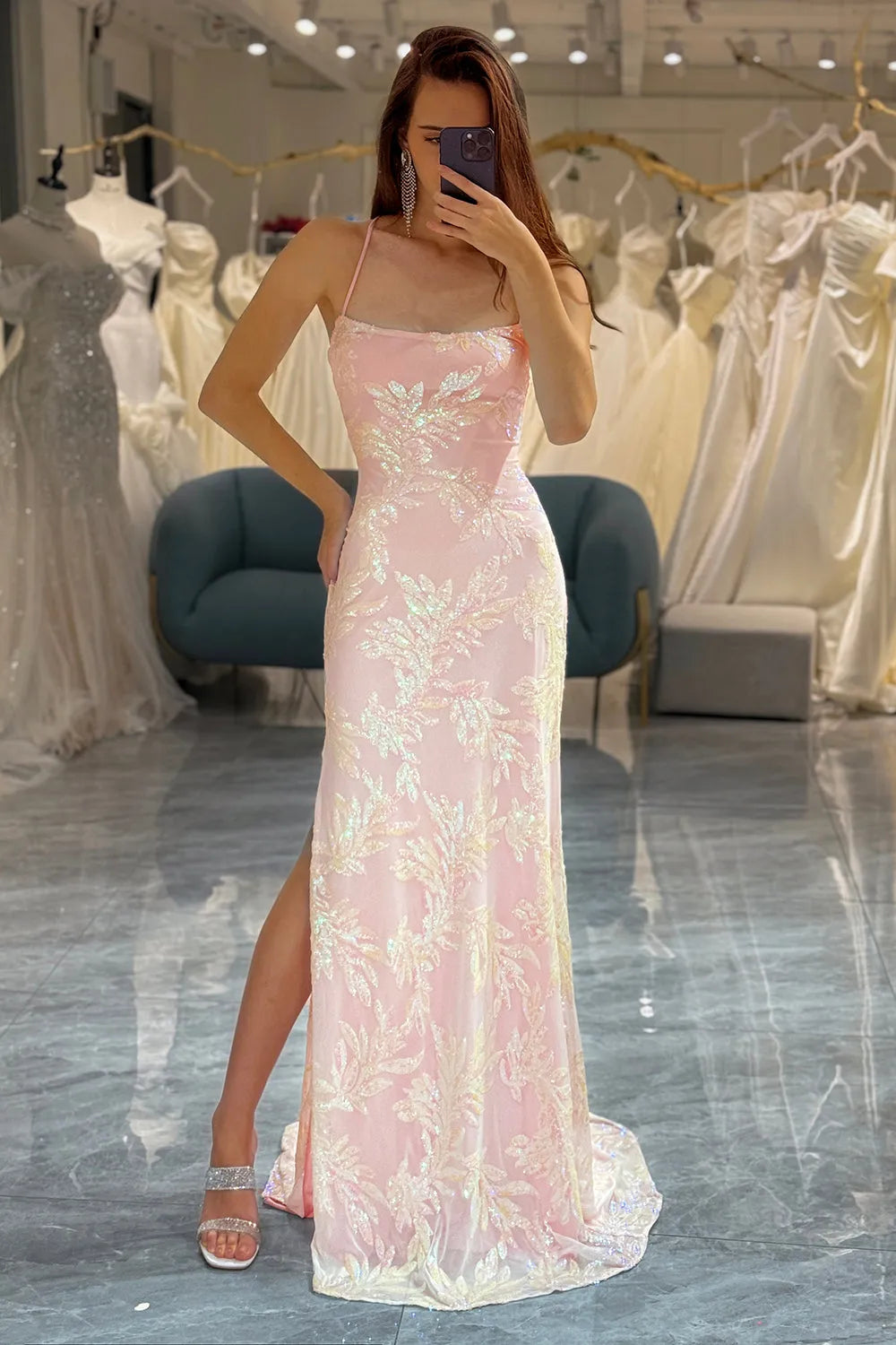 Sweet Pink Italian Noodle Lace up Long Mermaid Ball Dress Split