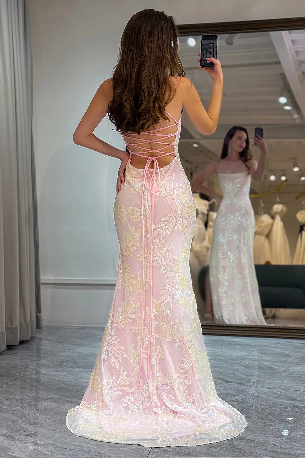 Sweet Pink Italian Noodle Lace up Long Mermaid Ball Dress Split