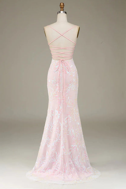 Sweet Pink Italian Noodle Lace up Long Mermaid Ball Dress Split