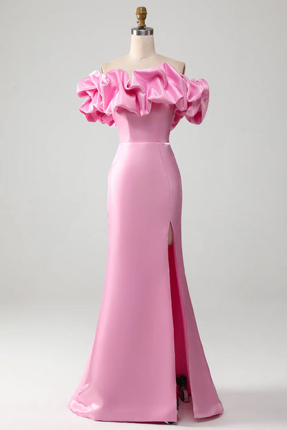 Mermaid Elegant and Sexy Off Shoulder Pink Ball Dress with Split Front