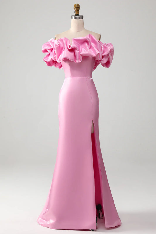 Mermaid Elegant and Sexy Off Shoulder Pink Ball Dress with Split Front