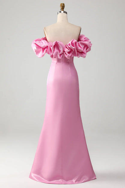 Mermaid Elegant and Sexy Off Shoulder Pink Ball Dress with Split Front