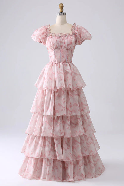 A-line square neck light blue layered flower ruffle edge long ball dress
