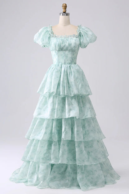 A-line square neck light blue layered flower ruffle edge long ball dress