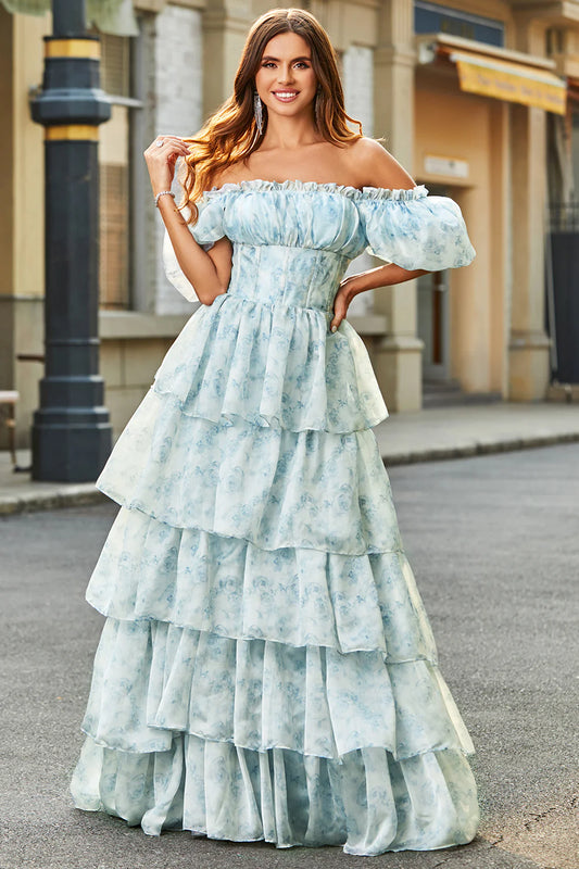 A-line square neck light blue layered flower ruffle edge long ball dress